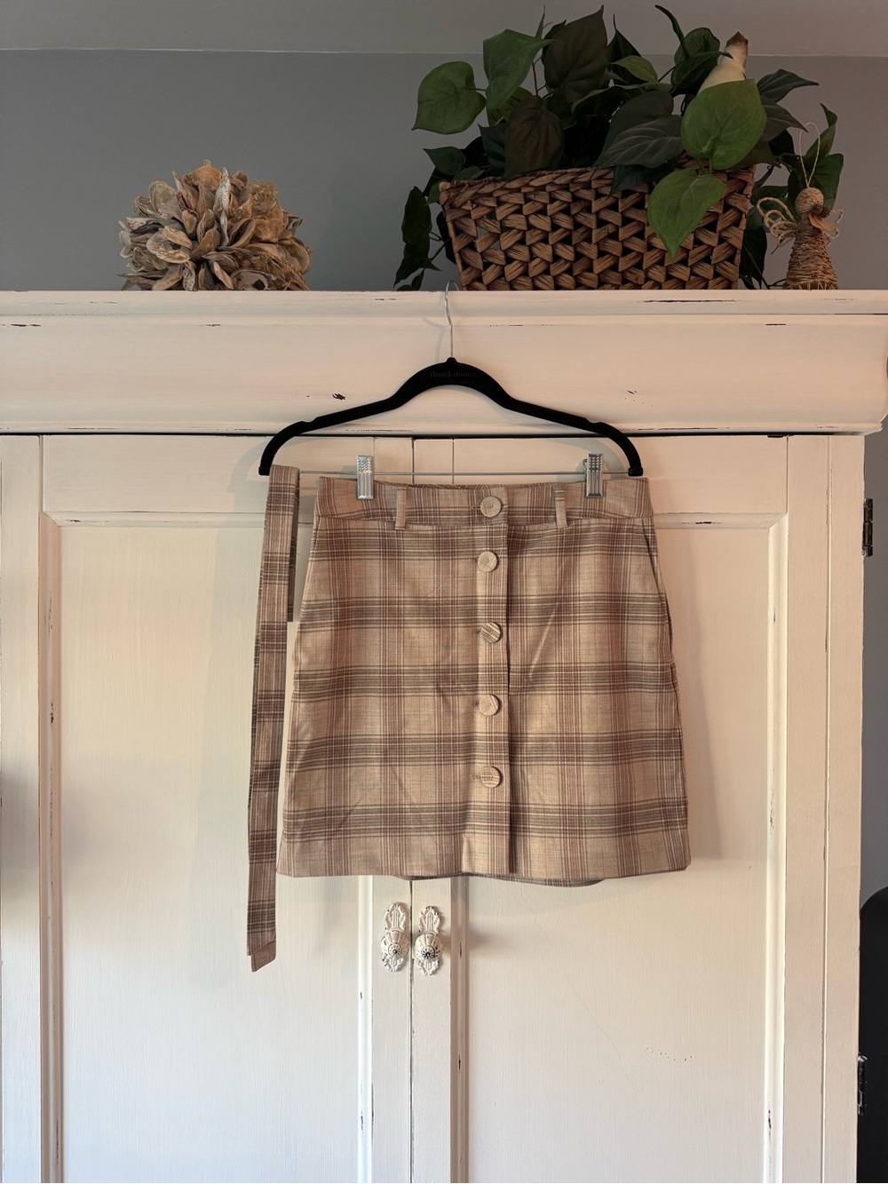 Mango Beige Plaid Button-Front Mini Skirt with Belt